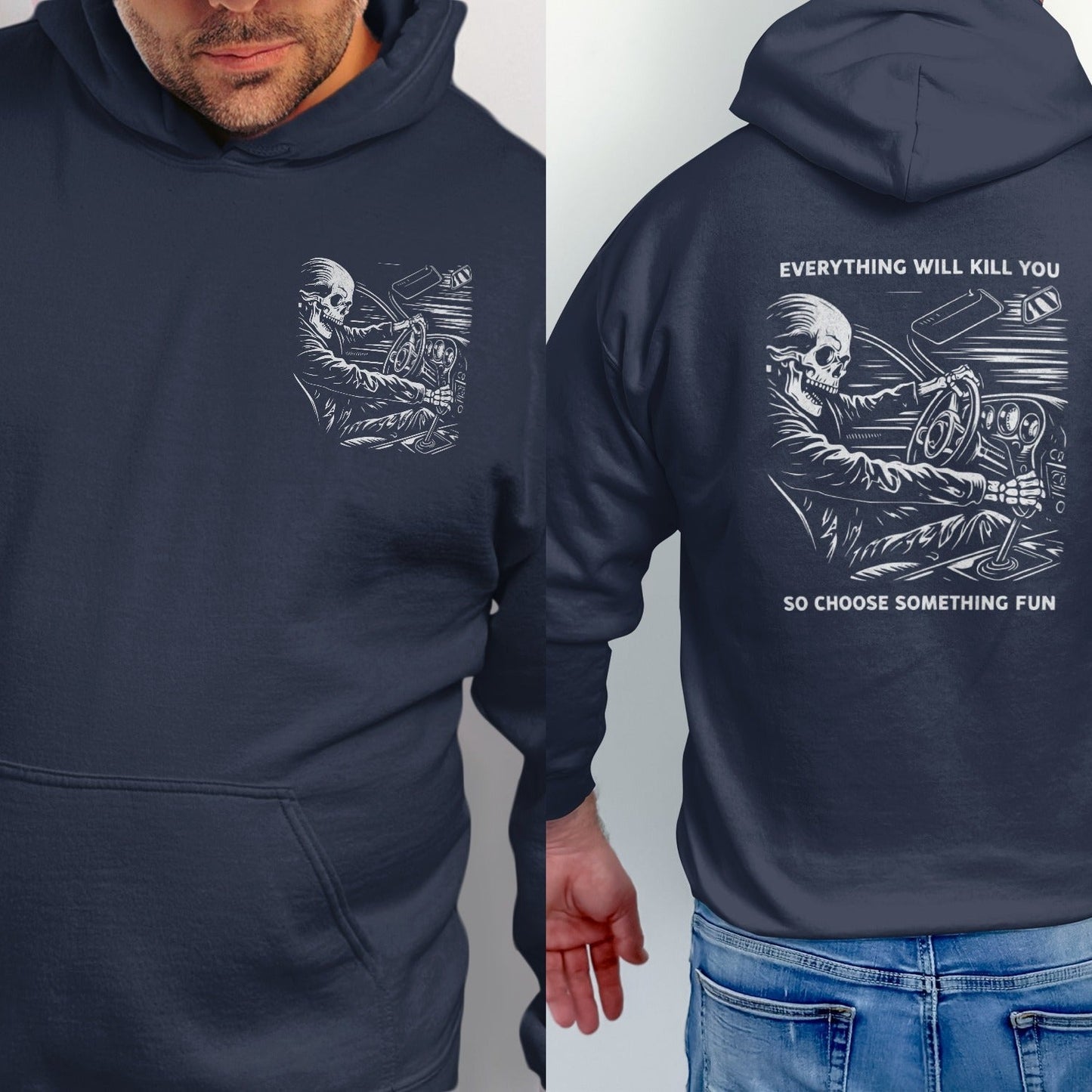 Navy hoodie with a skeleton driving a car graphic and text.