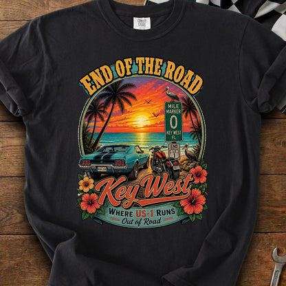 Key West graphic with vintage car, motorcycle, sunset, and text "End of the Road."