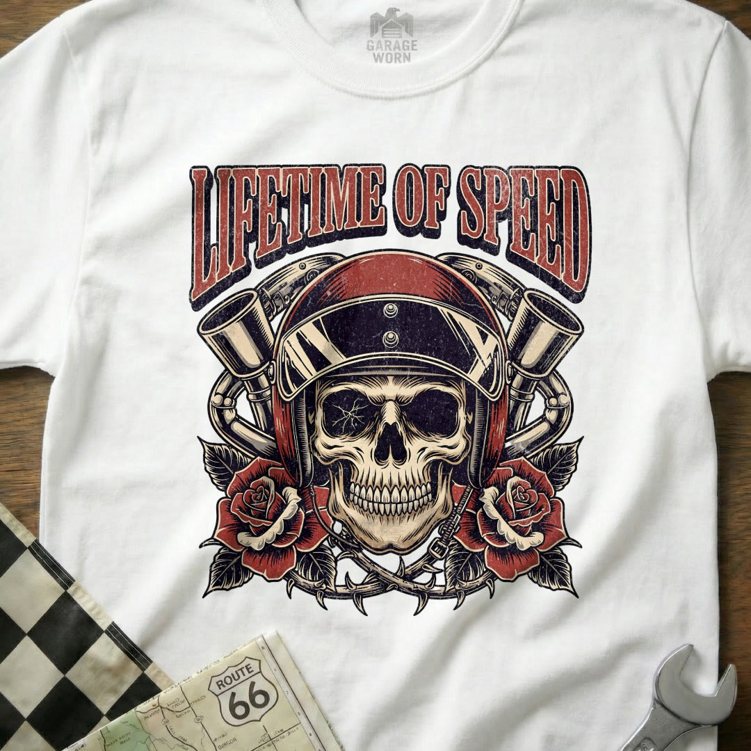 Lifetime of Speed Skull and Roses Design Shirt