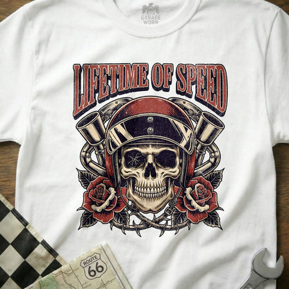 Lifetime of Speed Skull and Roses Design Shirt