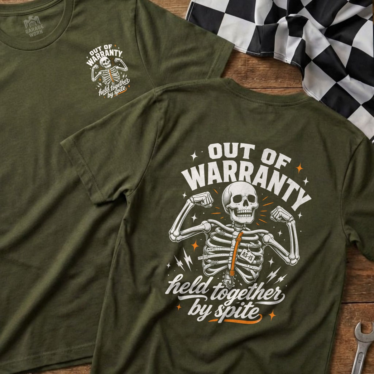 Olive green t-shirt with skeleton graphic and "Out of Warranty" text.
