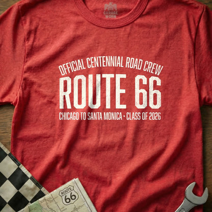 Red t-shirt with "Route 66 Centennial Road Crew" text and a small Route 66 map.