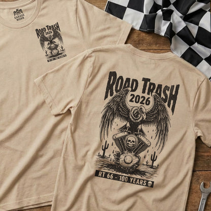 Tan t-shirts with "Road Trash 2026" and eagle, skull, and motorcycle graphic.