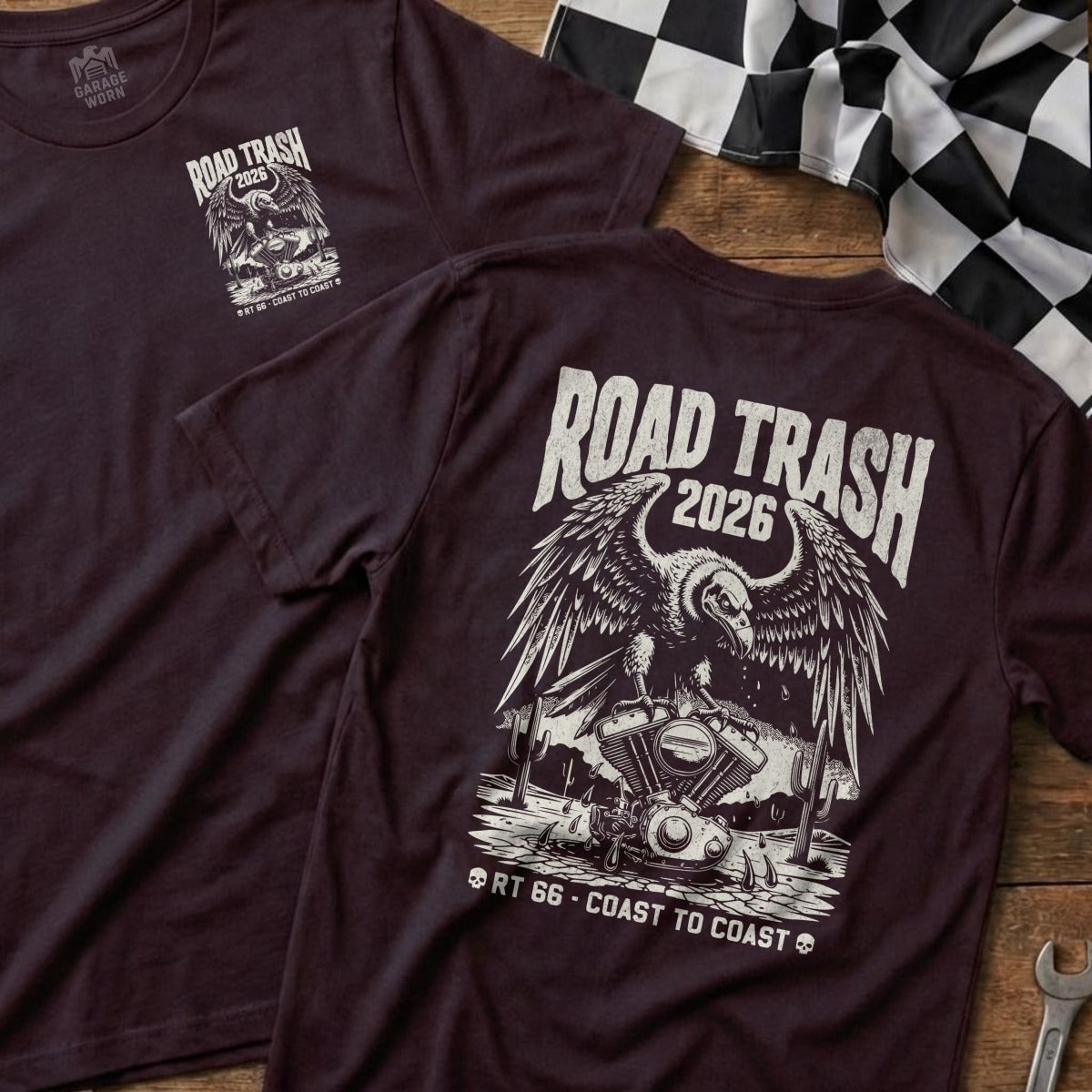 T-shirt featuring eagle, motorcycle, and desert landscape with "Road Trash 2026".