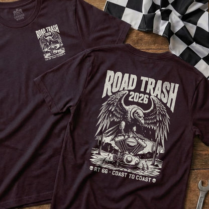 T-shirt featuring eagle, motorcycle, and desert landscape with "Road Trash 2026".