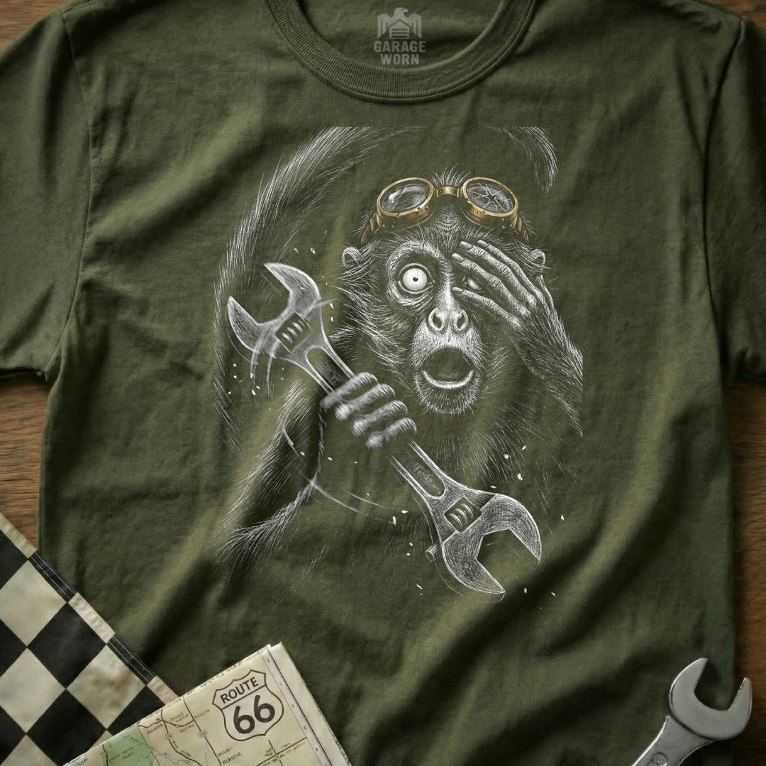 Monkey in goggles holding wrenches, with "Route 66" map and checkered flag.