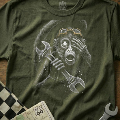 Monkey in goggles holding wrenches, with "Route 66" map and checkered flag.