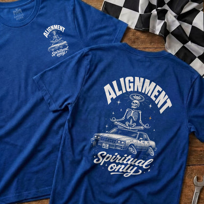 T-shirt with skeleton meditating on a car with text "Alignment Spiritual Only"