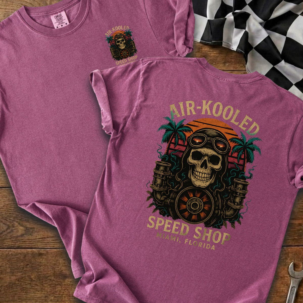 T-shirt with skull graphic, palm trees, and text AIR-KOOLED SPEED SHOP MIAMI, FLORIDA.