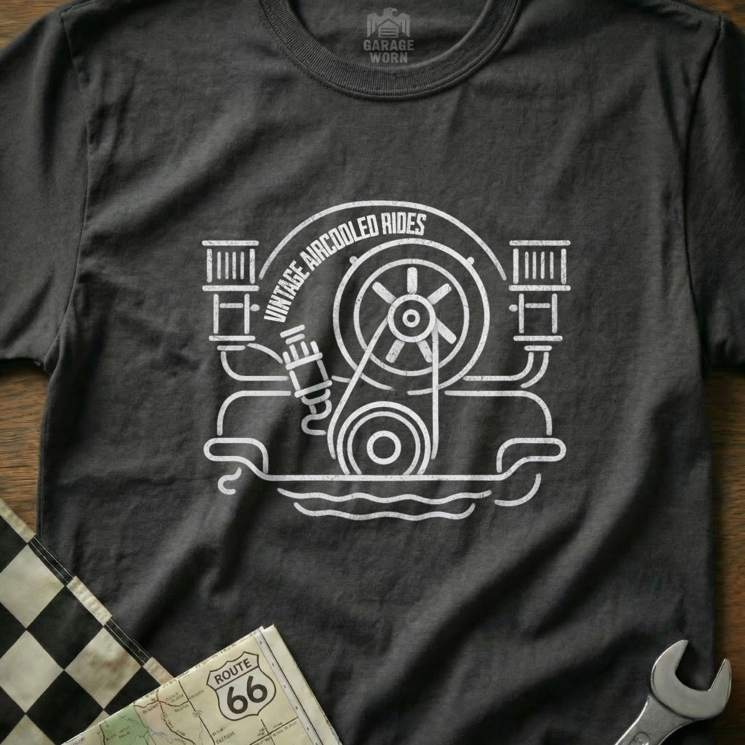 T-shirt graphic with vintage air-cooled engine and "Garage Worn" logo.