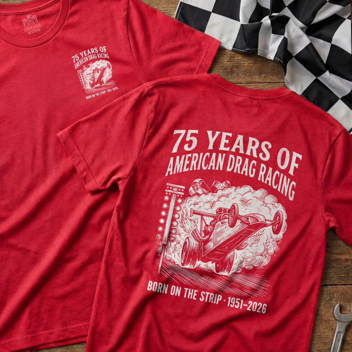 Red t-shirt with "75 Years of American Drag Racing" and car graphic.