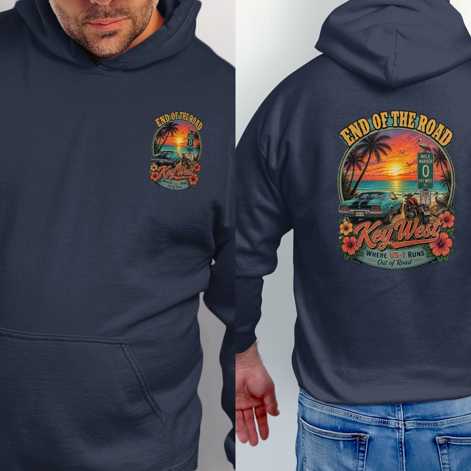 Navy hoodie with Key West sunset graphic featuring a vintage car, motorcycle, and mile marker.