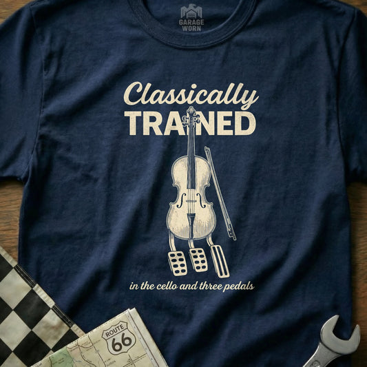 Navy t-shirt with "Classically Trained" text and violin with pedals graphic.