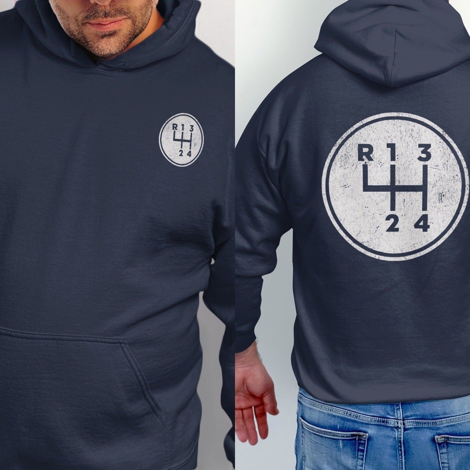 Navy hoodie with a white vintage manual gear shift graphic on the back and chest.
