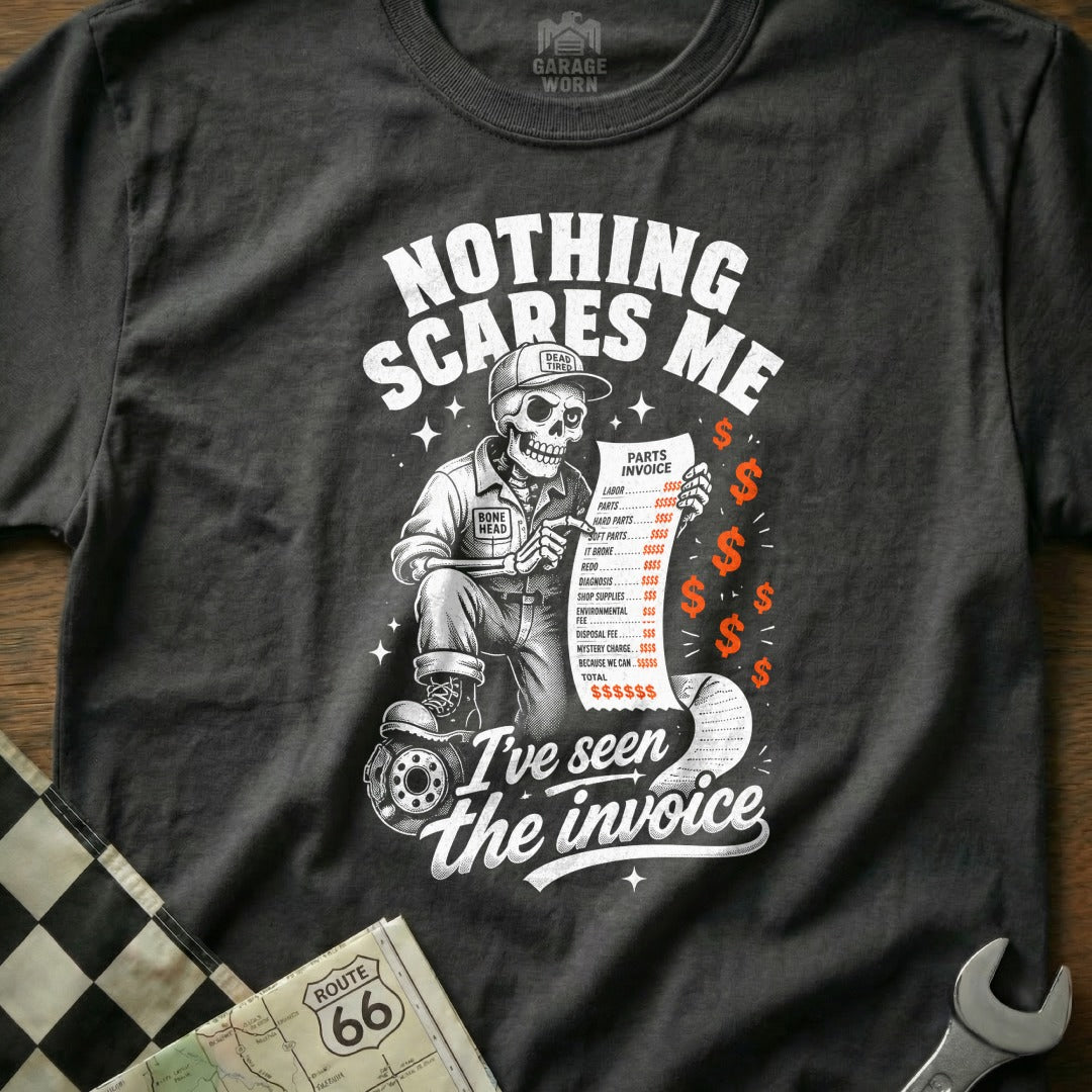 Skeleton mechanic holding parts invoice with text "Nothing scares me, I've seen the invoice."