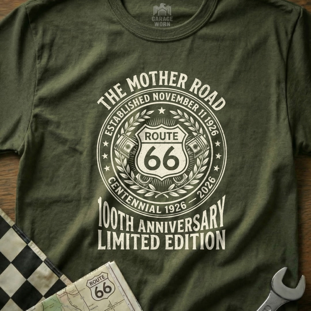 Olive t-shirt with Route 66 100th Anniversary Limited Edition graphic.