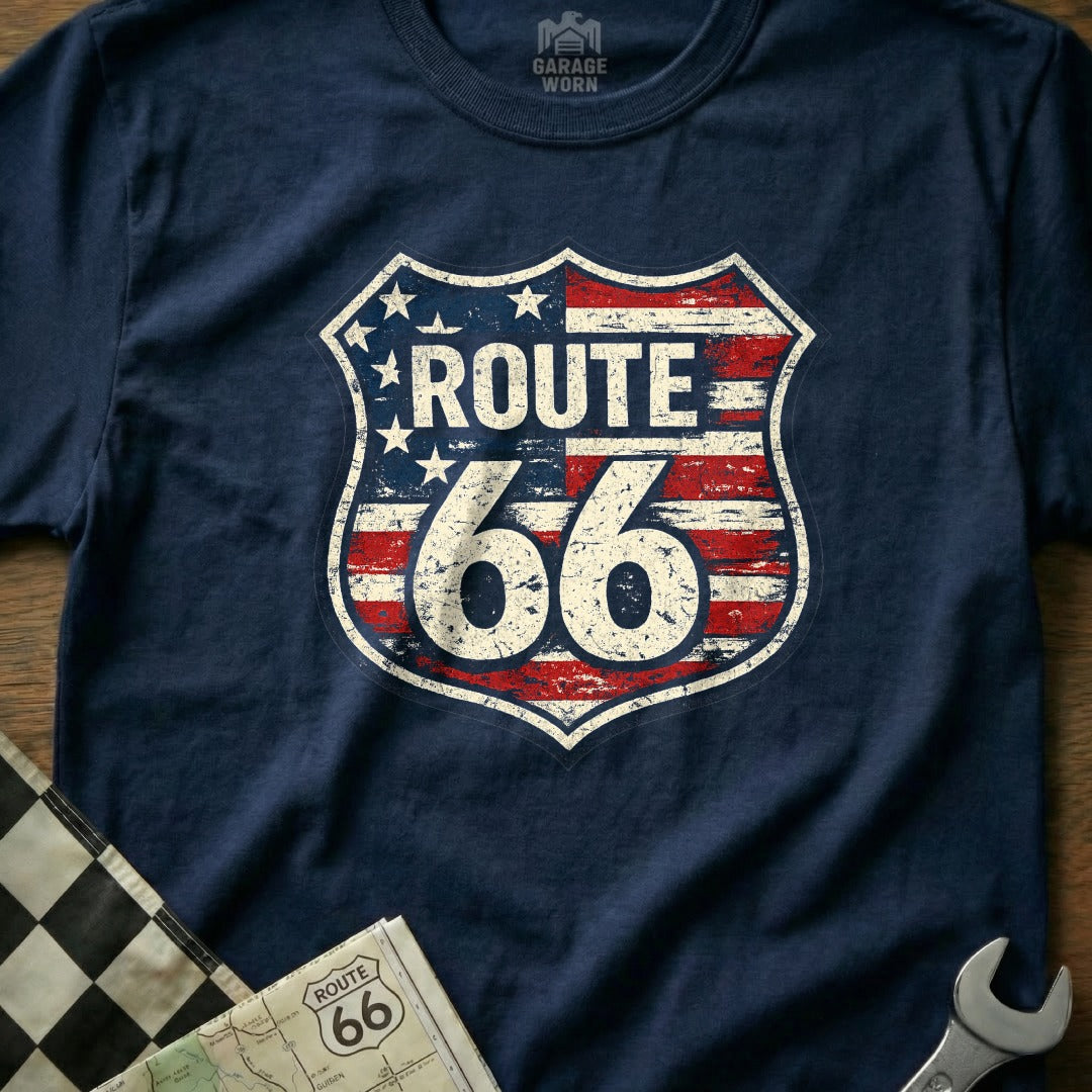 Navy t-shirt with distressed Route 66 shield logo and American flag accents.