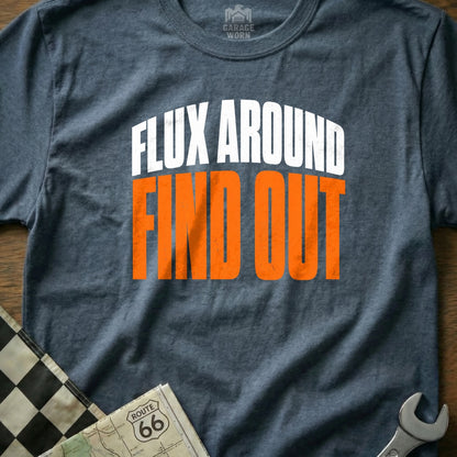 T-shirt with "FLUX AROUND FIND OUT" text and Route 66 map detail.