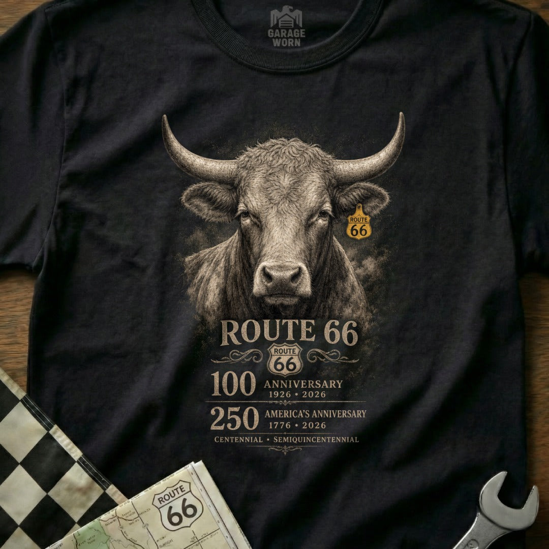 T-shirt featuring a bull graphic with "Route 66" and anniversary text.