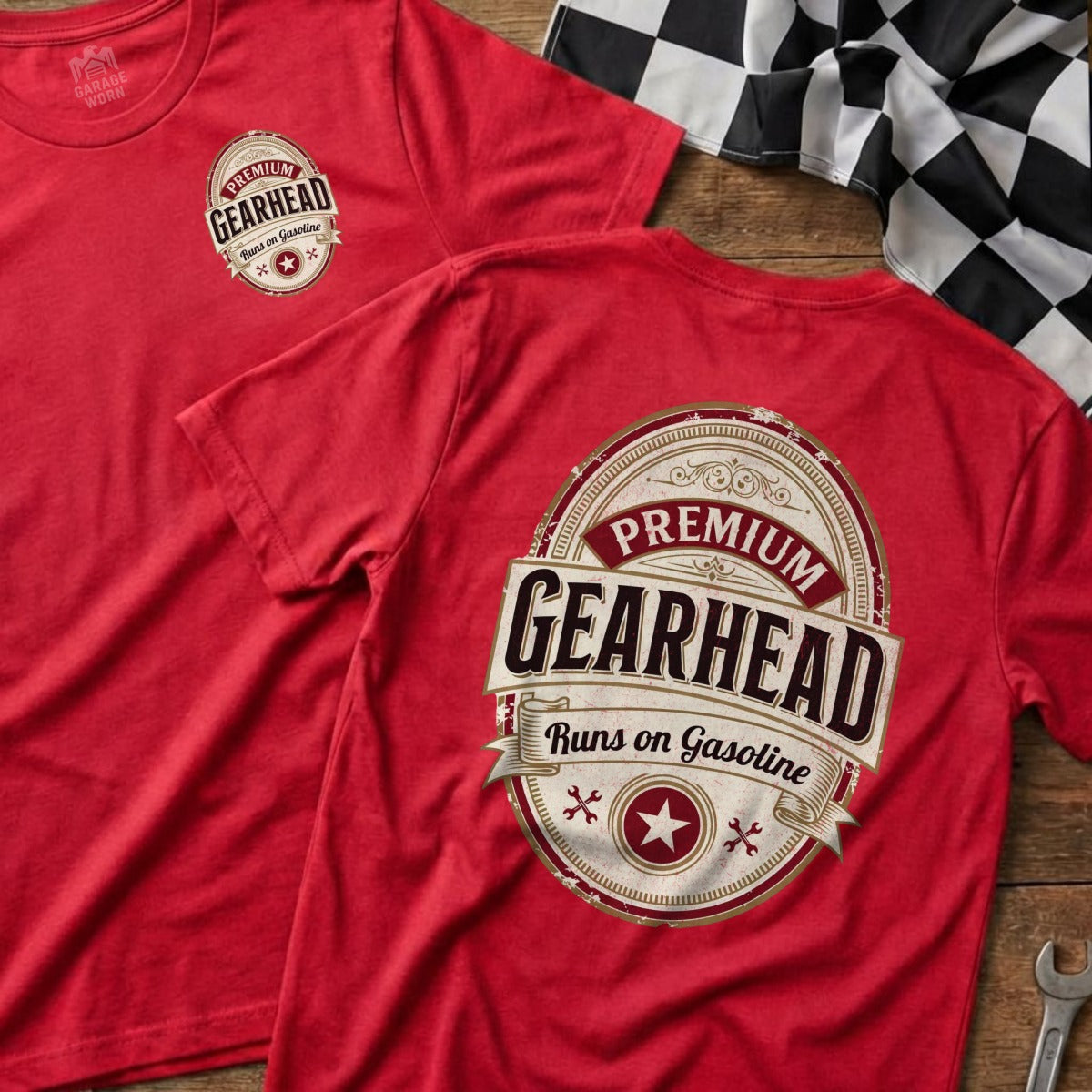 Red t-shirt with "Premium Gearhead Runs on Gasoline" logo.