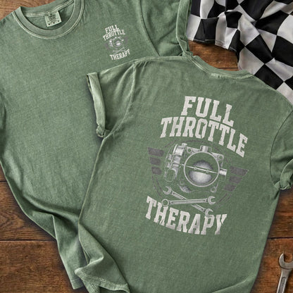 Green t-shirt with "FULL THROTTLE THERAPY" text and throttle body graphic.