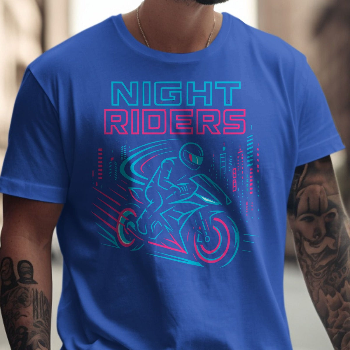 Night Riders Motorcycle Graphic Blue Shirt product type