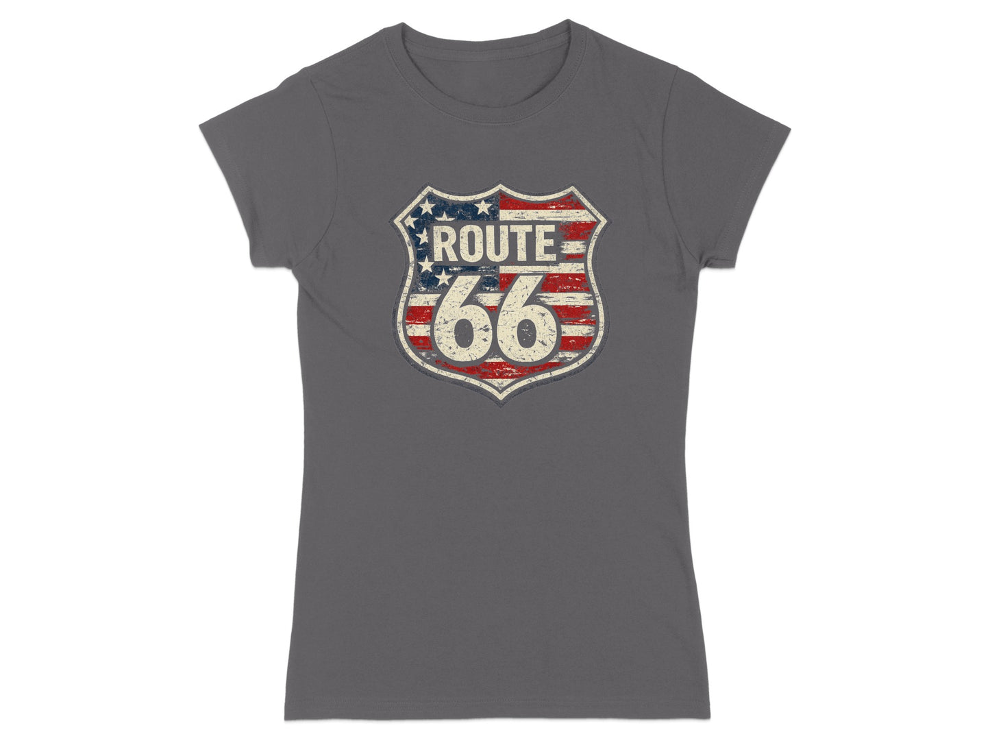 Gray t-shirt with distressed Route 66 shield logo featuring US flag elements.