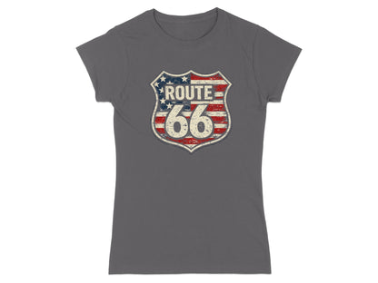 Gray t-shirt with distressed Route 66 shield logo featuring US flag elements.