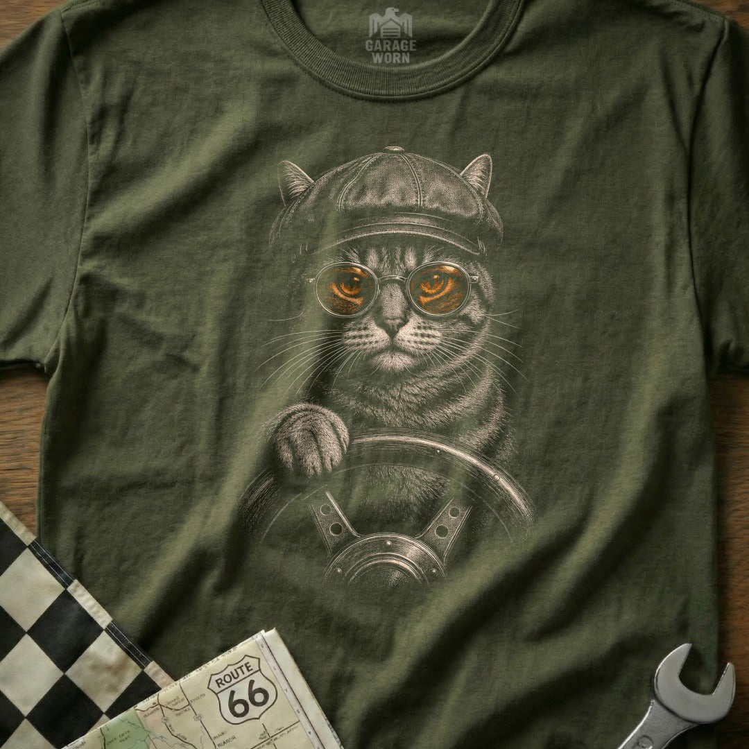 T-shirt graphic of a cat wearing a cap and goggles, holding a steering wheel.