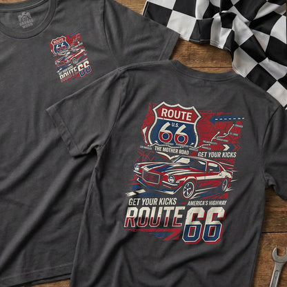 Dark gray t-shirt with Route 66 and map graphics and text.