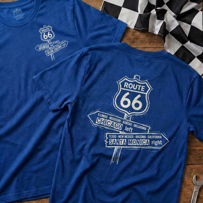 Blue t-shirt with Route 66 sign listing Chicago left and Santa Monica right.