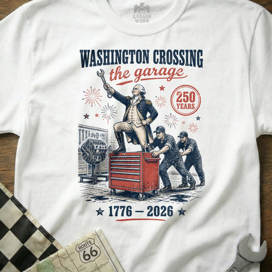George Washington with wrench atop rolling toolbox, mechanics pushing, 1776–2026.