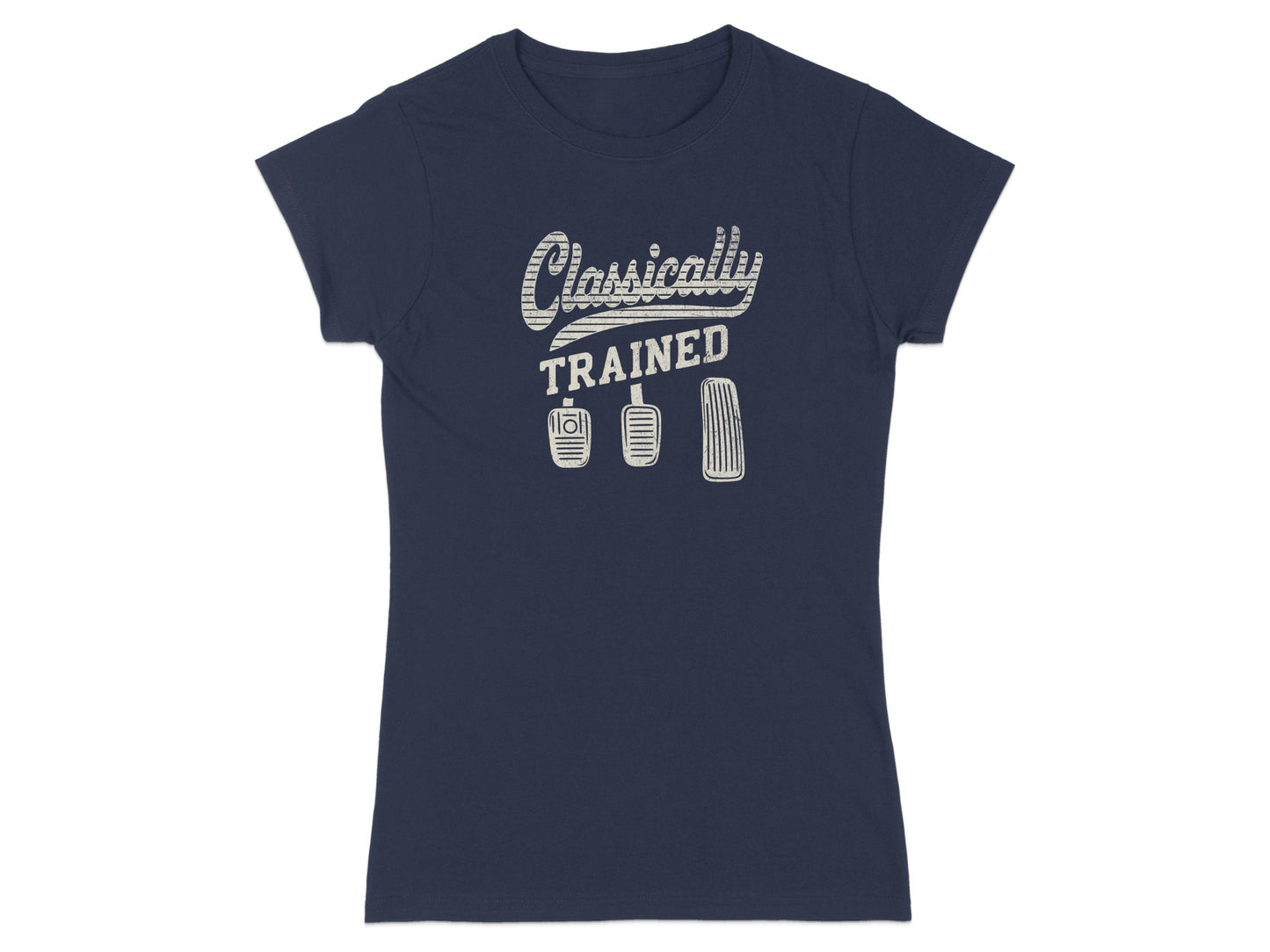 Navy t-shirt with "Classically Trained" text and three pedals graphic.
