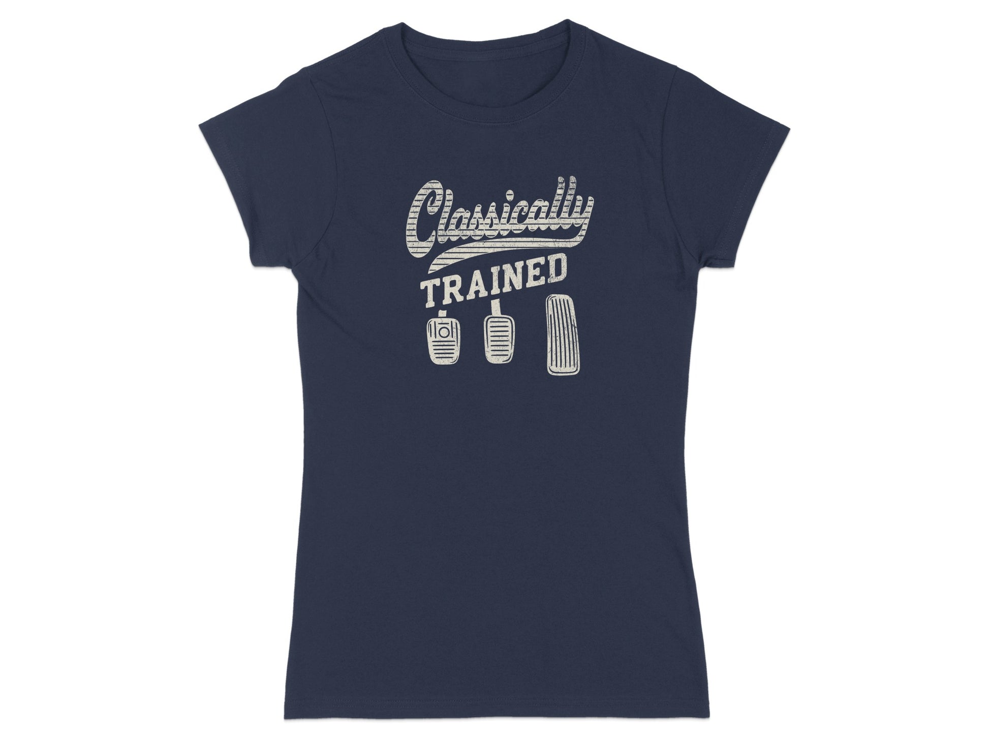 Navy t-shirt with "Classically Trained" text and three pedals graphic.