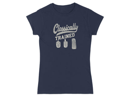 Navy t-shirt with "Classically Trained" text and three pedals graphic.