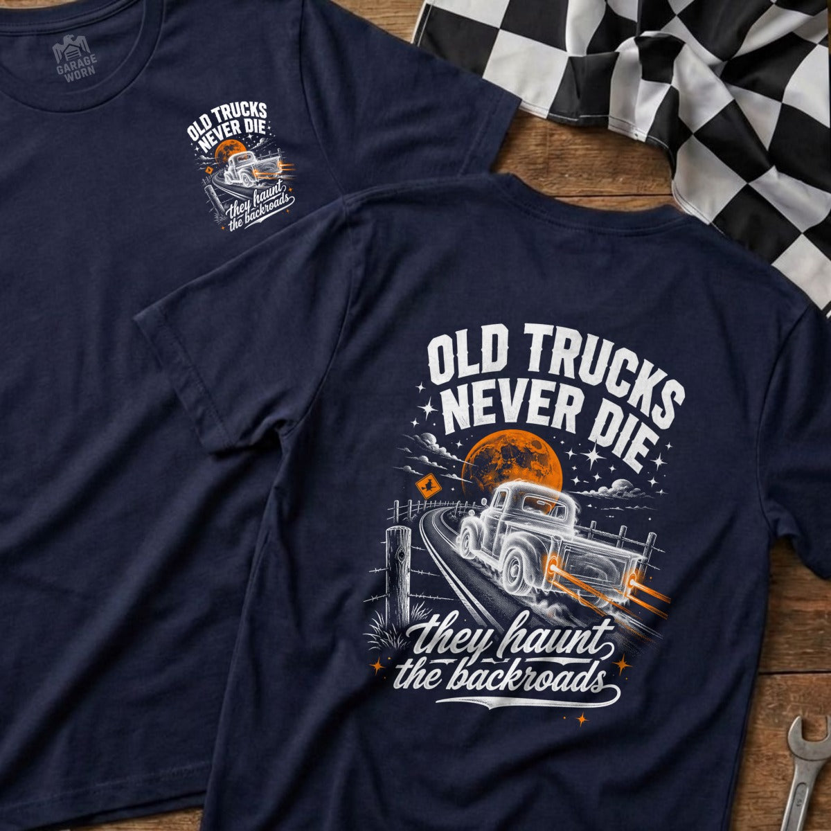 Navy t-shirt with "OLD TRUCKS NEVER DIE" and a vintage truck graphic.
