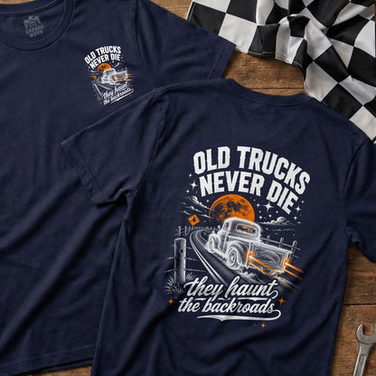 Navy t-shirt with "OLD TRUCKS NEVER DIE" and a vintage truck graphic.