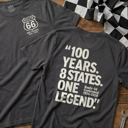 T-shirt with Route 66 Centennial logo and "100 Years. 8 States. One Legend!"
