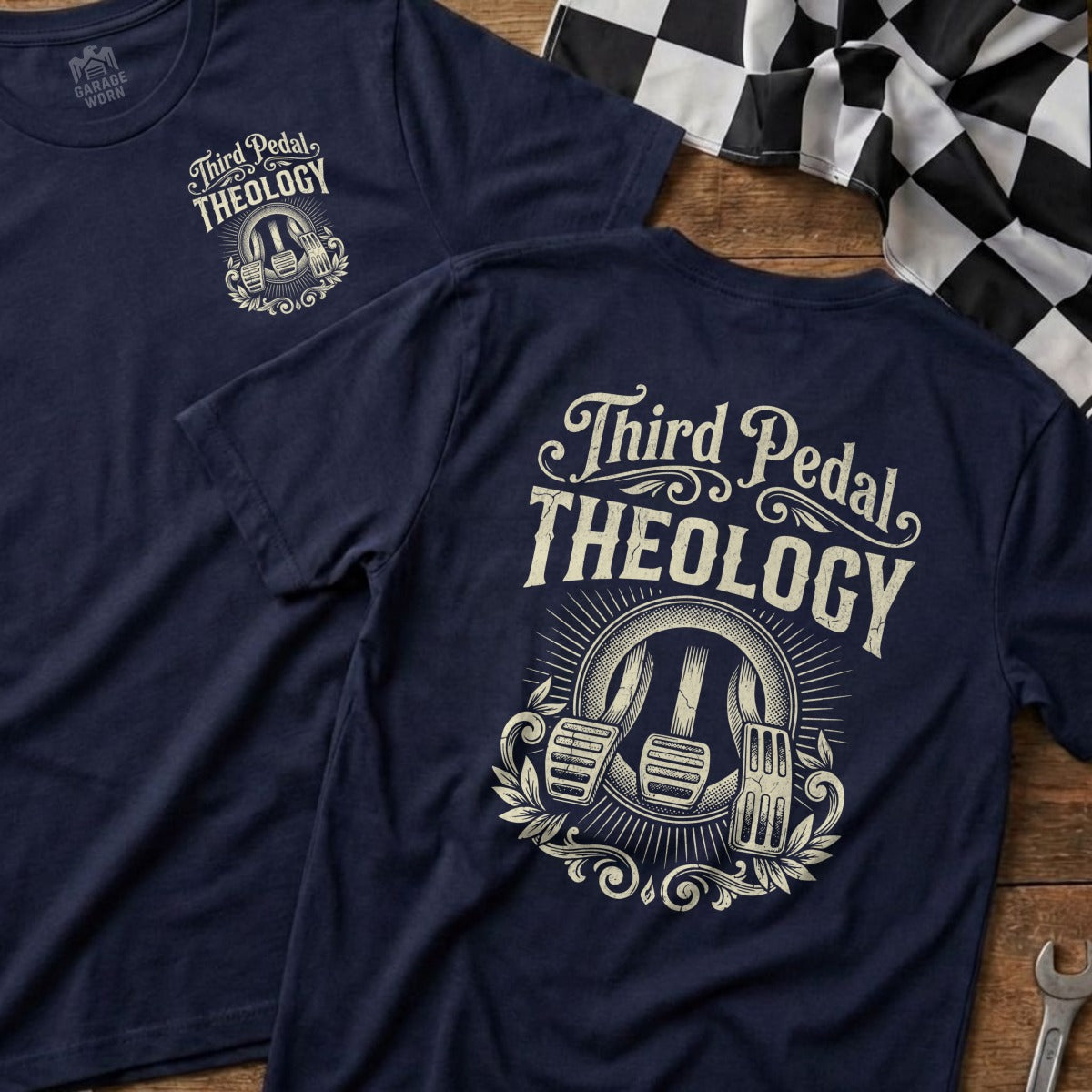 Navy t-shirt with "Third Pedal Theology" and a pedal graphic.