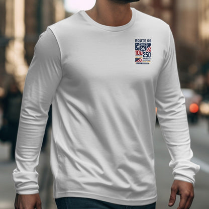White long-sleeve shirt with Route 66 100th and America's 250th anniversary graphic.