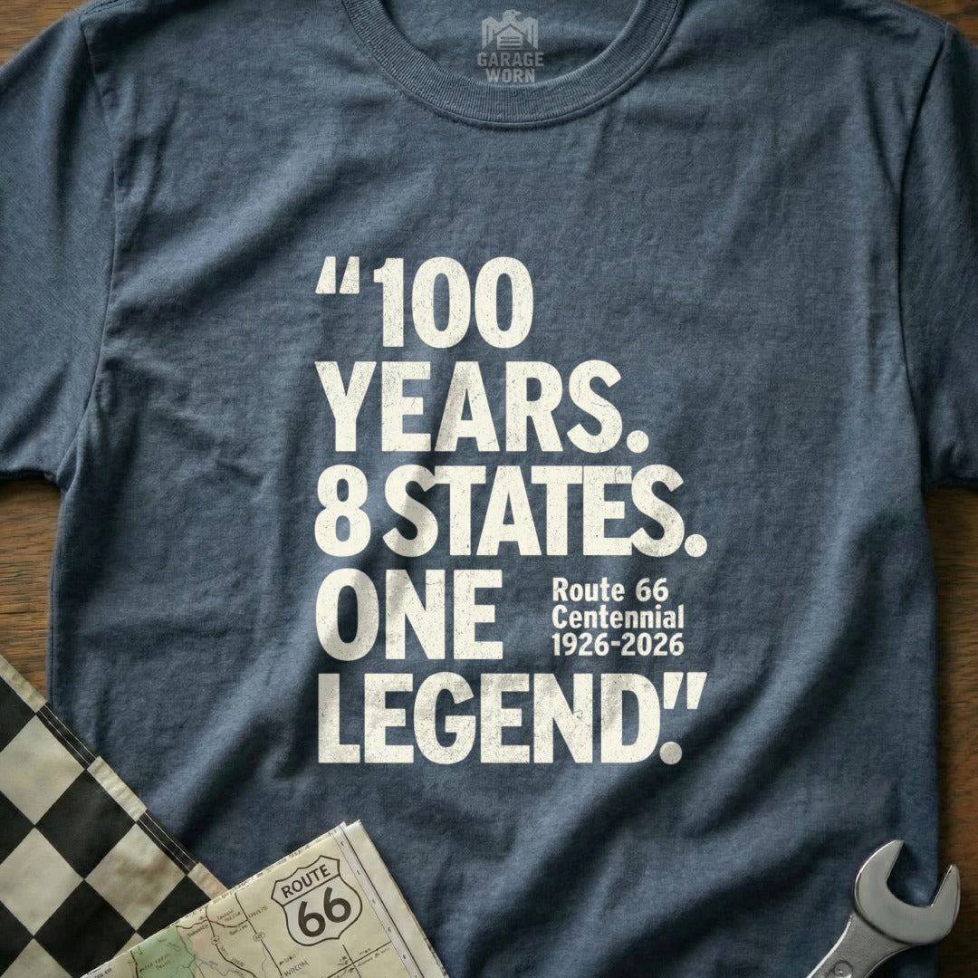 Blue t-shirt with white text reading "100 YEARS. 8 STATES. ONE LEGEND!"
