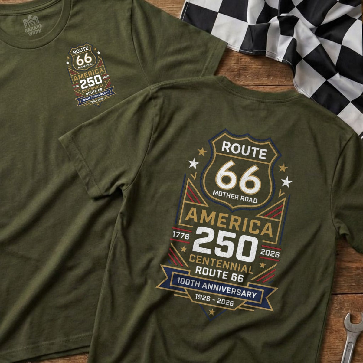 Green t-shirt with Route 66 Centennial design, 1926-2026.