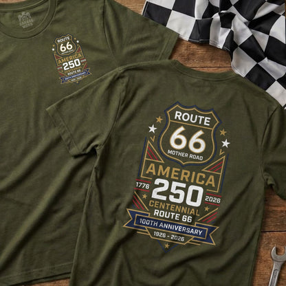 Green t-shirt with Route 66 Centennial design, 1926-2026.
