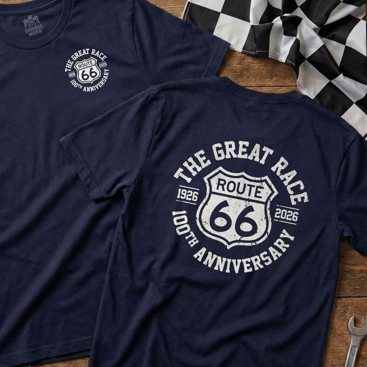 Navy t-shirt with "The Great Race Route 66 100th Anniversary" graphic.