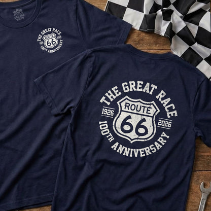 Navy t-shirt with "The Great Race Route 66 100th Anniversary" graphic.