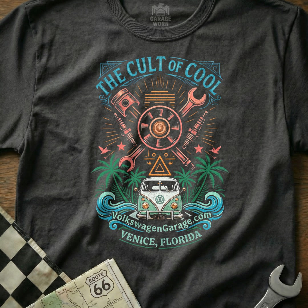 T-shirt with "The Cult of Cool" graphic featuring a Volkswagen van and garage tools.
