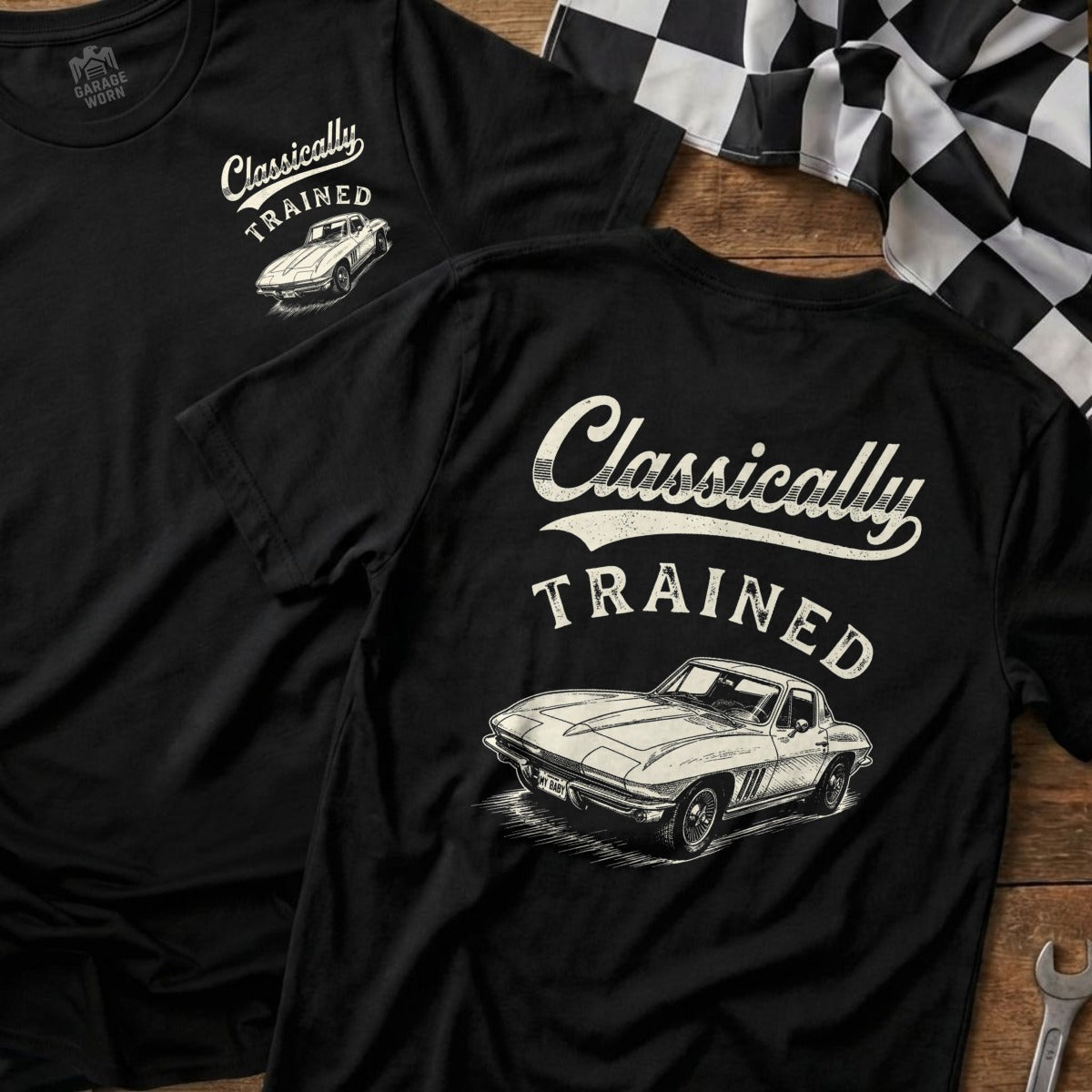 Black t-shirt with "Classically TRAINED" text and vintage car illustration.