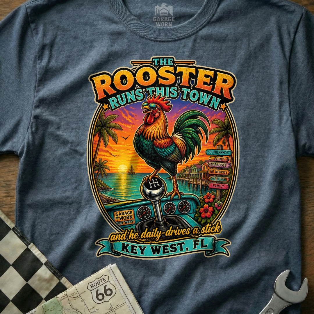 Rooster on gear shift with the text "The Rooster Runs This Town" and "Key West, FL".