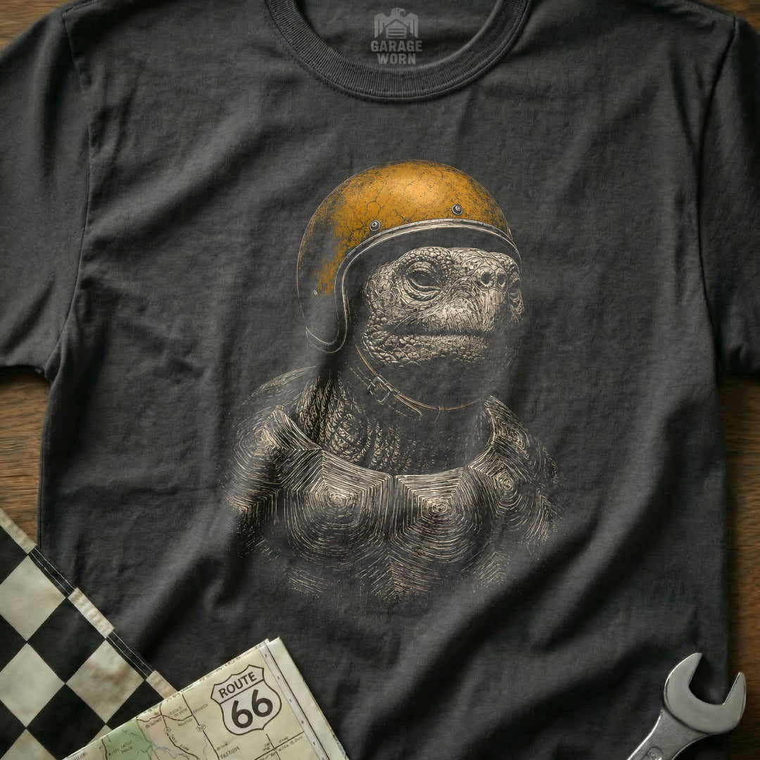 Dark t-shirt features a turtle wearing a yellow motorcycle helmet and the "Garage Worn" logo.