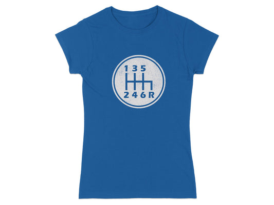 Blue t-shirt with white manual car gear shift pattern graphic.